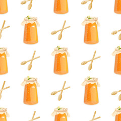 Honey jar seamless pattern with bee sketch vector illustration
