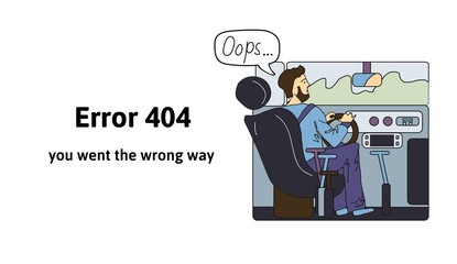 Driver behind the sreering wheel. Error 404, you went the wrong way. Oops 404 error page, vector template for website. Colored flat vector illustration. Horizontal, isolated on white background.