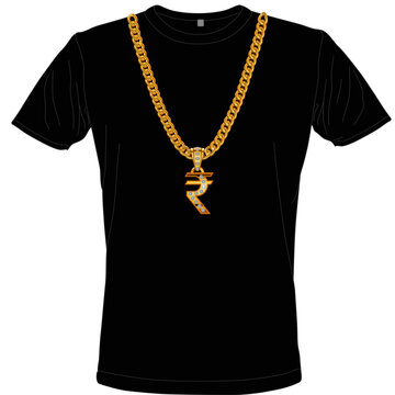T-shirt mit Goldkette und Anh&auml;nger Geldsymbol Rupie aus Gold und Diamanten