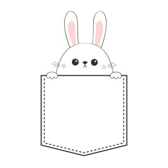 Rabbit hare face head icon sitting in the pocket. Holding paw hands. Contour line. Funny baby. Cute cartoon character. Love card. Kawaii animal. Flat design White background