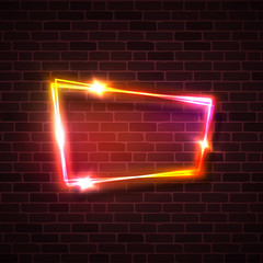 Pink red yellow glowing light background on brick wall. Night club neon sign. Luxury love design. Electricity effect. Game show electric cable signage. 3d retro light vector illustration in 80s style.