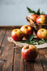 selective focus of fresh apples on dark wooden surface