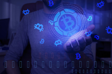 Crypto currency in hand, additional reality, holographic display, neon light, abstract background