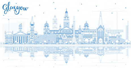 Outline Glasgow Scotland City Skyline with Blue Buildings and Reflections.