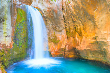 Fototapeta na wymiar Small waterfall and natural pool in Sapadere canyon near Alanya in Turkey