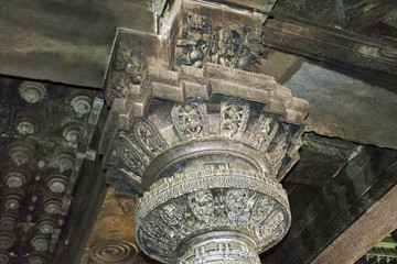 Dancing sundaris at the top of the Narsimha Pillar. Chennakeshava temple. Belur, Karnataka.