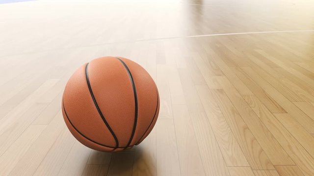 Basketball Ball Jumping Seamless on Court Floor Spinning in Slow Motion. Sport Concept. Looped 3d Animation 4k Ultra HD 3840x2160.