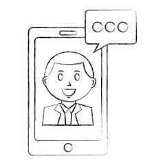 smartphone device with businessman and speech bubble