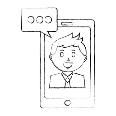 smartphone device with businessman and speech bubble
