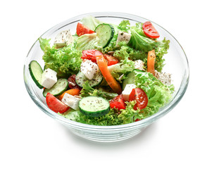 Bowl with delicious fresh salad on white background