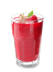 Glass with tasty raspberry smoothie on white background