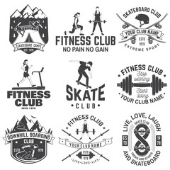 Set of fitness and skate board club concept with girls doing exercise and skateboarder silhouette. Vector