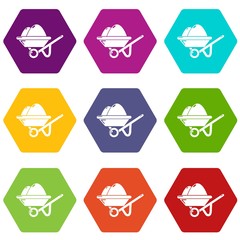 Wheelbarrow icons 9 set coloful isolated on white for web