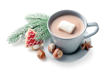 Cup of delicious hot cocoa with  Christmas cookie and fir tree branch on white background