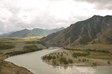 mountains, landscape, nature, waterfall, view, sky, air, oxygen, autumn, season, grass, trees, blue, yellow, sand, stone, gray, brown, water, river, rocks, rock, blue, Altai, Russia, red, orange, leav
