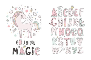 Unicorn vector sweet cute illustration. Magic fantasy design. Cartoon rainbow animal isolated horse. Fairytale unicorn print poster. © kris_art