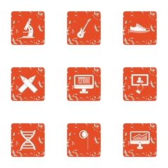 Science programme icons set. Grunge set of 9 science programme vector icons for web isolated on white background