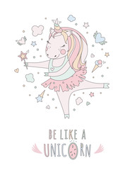 Unicorn vector sweet cute illustration. Magic fantasy design. Cartoon rainbow animal isolated horse. Fairytale unicorn print poster.