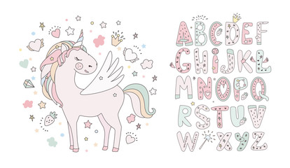 Unicorn vector sweet cute illustration. Magic fantasy design. Cartoon rainbow animal isolated horse. Fairytale unicorn print poster. © kris_art