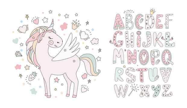 Fototapeta Unicorn vector sweet cute illustration. Magic fantasy design. Cartoon rainbow animal isolated horse. Fairytale unicorn print poster.