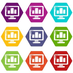 Monitor icons 9 set coloful isolated on white for web