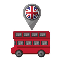Fototapeta na wymiar bus transport and pin location with flag of great britain