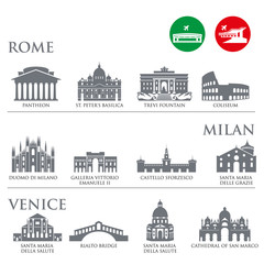Set of Italy symbols, landmarks in gray color. Vector illustration. Venice, Milan,Italy, Rome - 214899339