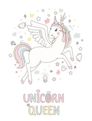 Unicorn vector sweet cute illustration. Magic fantasy design. Cartoon rainbow animal isolated horse. Fairytale unicorn print poster.