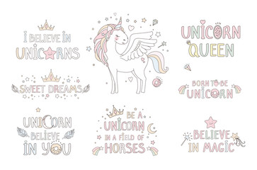 Unicorn vector sweet cute illustration. Magic fantasy design. Cartoon rainbow animal isolated horse. Fairytale unicorn print poster.