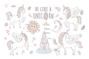Unicorn vector sweet cute illustration. Magic fantasy design. Cartoon rainbow animal isolated horse. Fairytale unicorn print poster. © kris_art