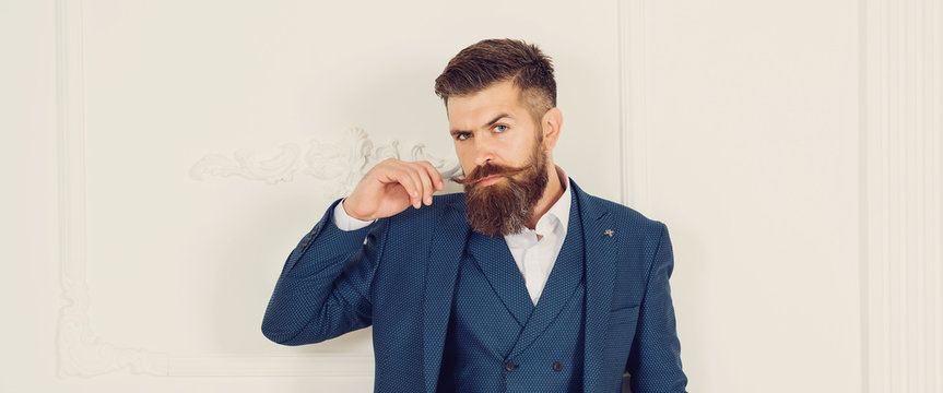 Handsome stylish bearded man. Men's beauty, fashion. Male beard and mustache. Sexy male, macho, long beard. Studio portrait of a bearded hipster man. Bearded man in suit and bow-tie. Copy space.