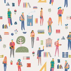 Fototapeta na wymiar Seamless pattern with schoolgirls and schoolboys with books, backpacks and school bags. Back to school vector poster in flat style. Happy and smiling teenagers.