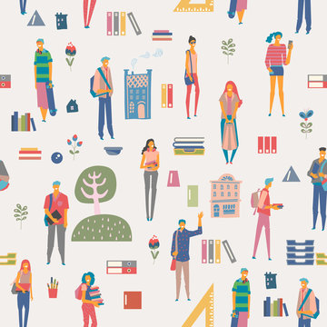 Seamless pattern with schoolgirls and schoolboys with books, backpacks and school bags. Back to school vector poster in flat style. Happy and smiling teenagers.