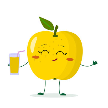 Cute yellow apple cartoon character holding a glass with juice.