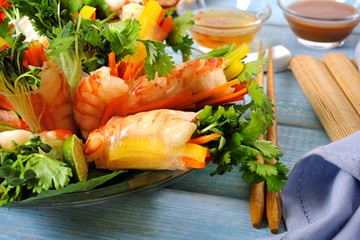 Vietnamese rolls with prawn and vegetables wrapped in rice paper