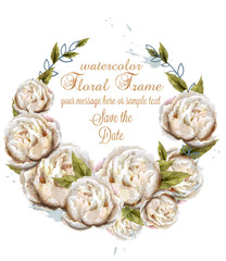 Watercolor white peonies wreath card Vector. Beautiful floral decors