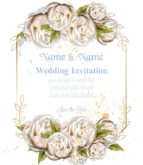 Wedding invitation watercolor white peonies card Vector. Beautiful floral decors