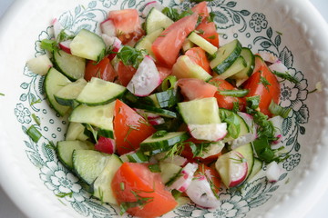 Vegetable salad with radish, tomatoes, cucumbers, green onions and dill on a white plate with a pattern