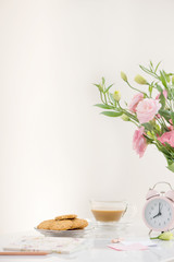 Morning. Workspace with notebook, cup of coffee, cookie