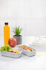 School lunch. Salad, sandwiches, fruits and book