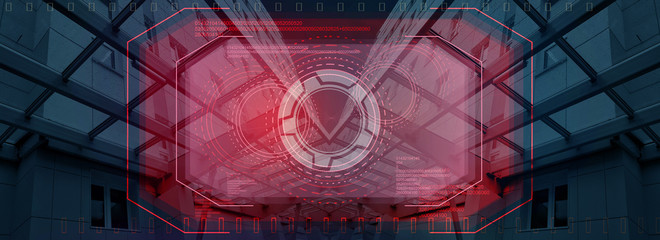 Architecture, night view, holographic display, additional reality, neon light, abstract background