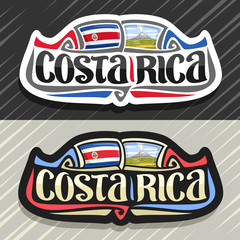 Vector logo for Costa Rica country, fridge magnet with state flag, original brush typeface for words costa rica and national symbol - erupting Arenal Volcano in jungle on blue cloudy sky background.