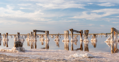 Salt sea water evaporation ponds with pink plankton colour