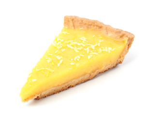 Piece of tasty lemon pie on white background