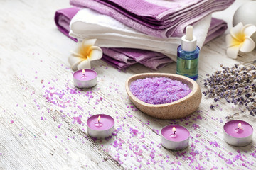 Spa composition with lavender on wooden background