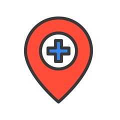 Obraz premium Pin of Hospital location, filled outline icon