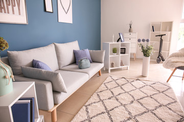 Modern interior of living room with comfortable sofa