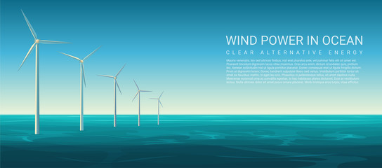 Vector Wind energy power concept poster header with wind turbines in ocean.