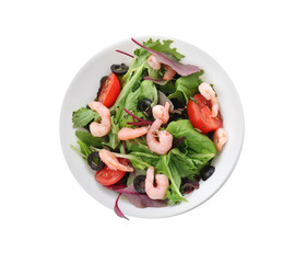 Bowl of delicious vegetable salad with seafood on white background