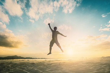 Happy family people group celebrate jump for good life on weekend concept for win victory, person faith in financial freedom.